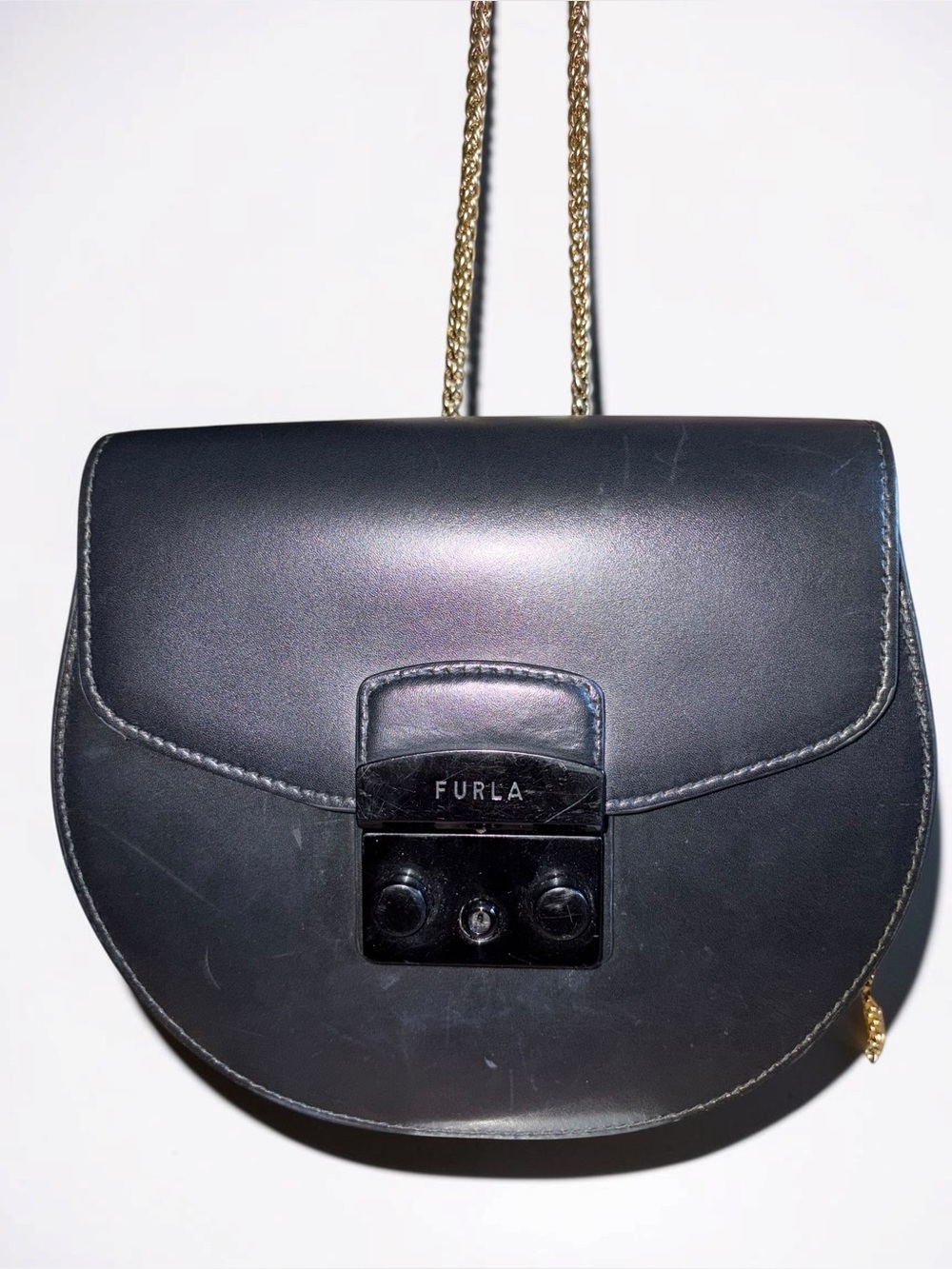 Furla Black Leather Half-Moon Crossbody with Gold Chain